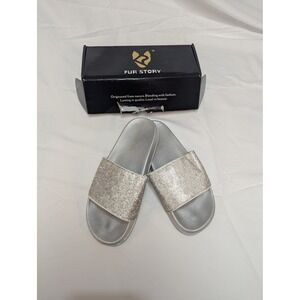 Fur Story Rhinestone Slides Womens Size 8 Silver Sparkly Glam Sandals FS20S02